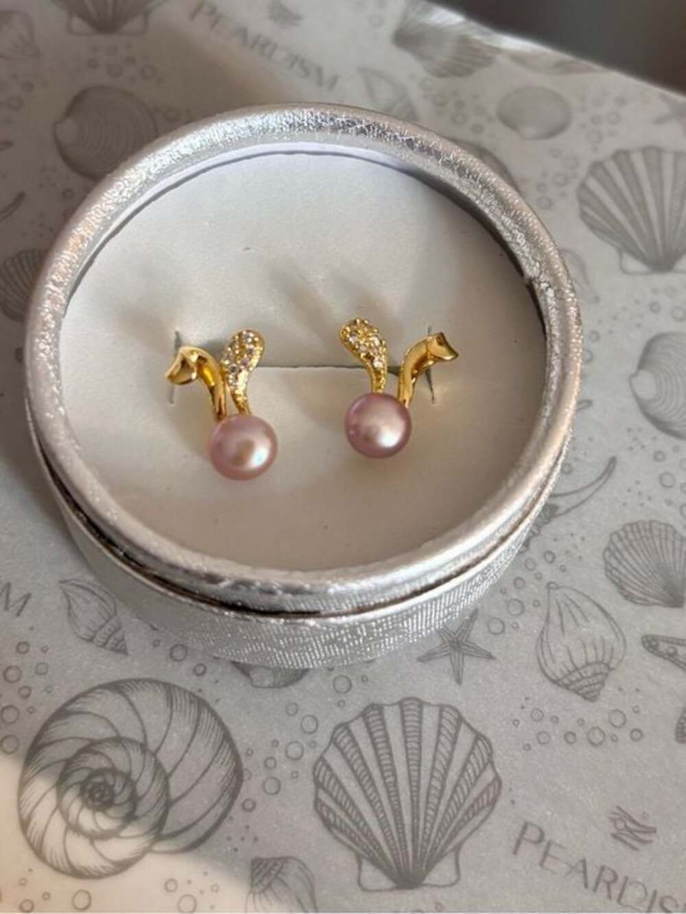 18K Gold Plated Pink Freshwater Pearl Bunny Ear Stud Earrings | CZ Accents - Picture 2 of 2
